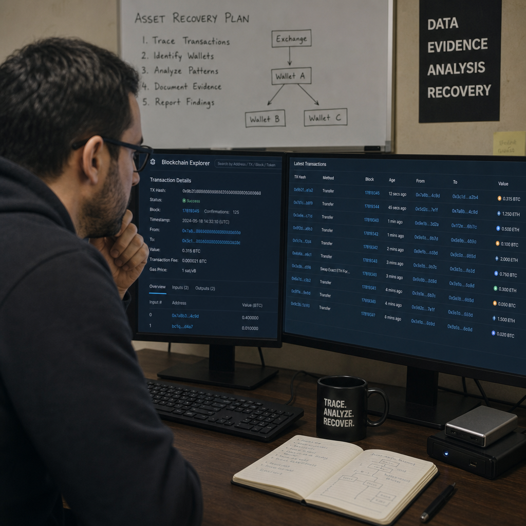 Crypto Scam Fund Recovery Service expert looking at transactions