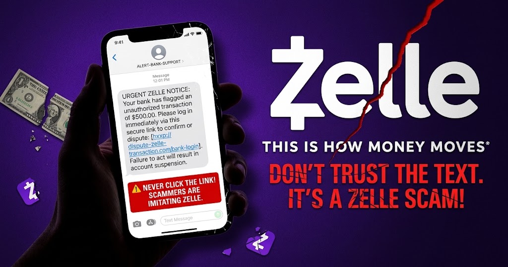 Zelle scam text warning showing a fake bank payment alert on a smartphone