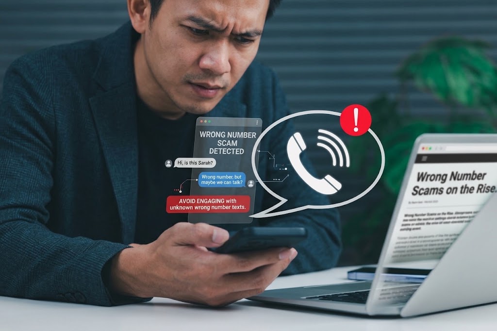 wrong number text scam showing an unexpected message from an unknown phone number. Suspicious text conversation leading to a fake cryptocurrency investment offer