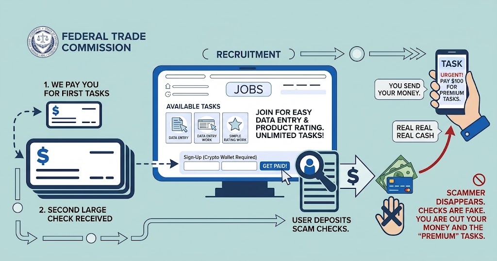 Task scam warning showing a fake online job platform demanding a deposit before withdrawal