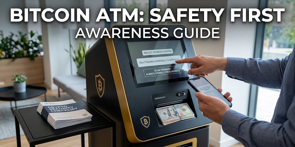 Bitcoin ATM scam warning showing a cryptocurrency kiosk used for fraudulent payments