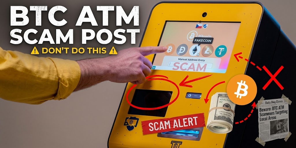 Bitcoin ATM fraud alert showing a victim sending cash to a scammer's cryptocurrency wallet.