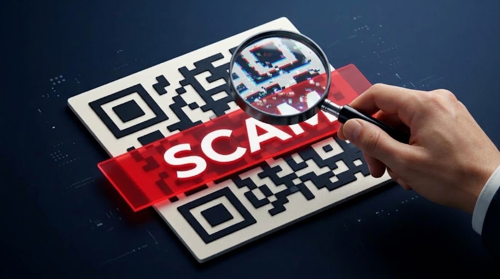 QR code scam warning showing an agent investigation a suspicious QR code